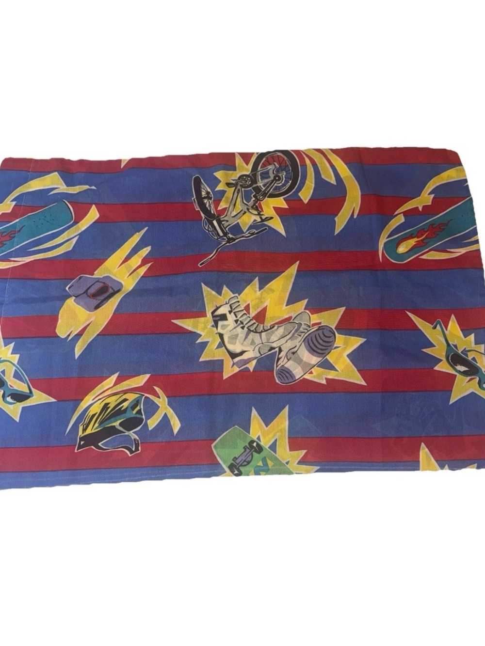Vintage 80s Pillowcase Sports Blue Red Bike Skates Skateboard